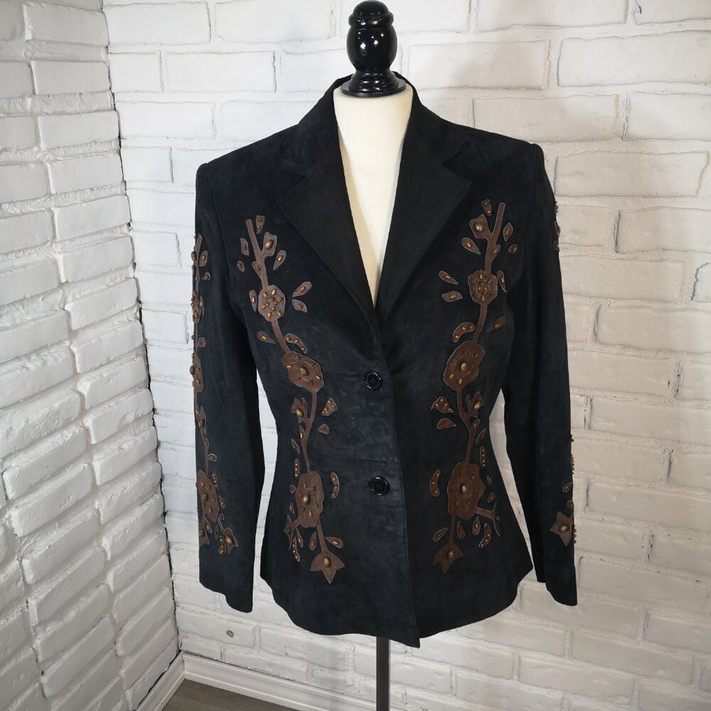 Attitude Ladies Size Medium Black w/ Brown Embellishments Lined Suede Jacket